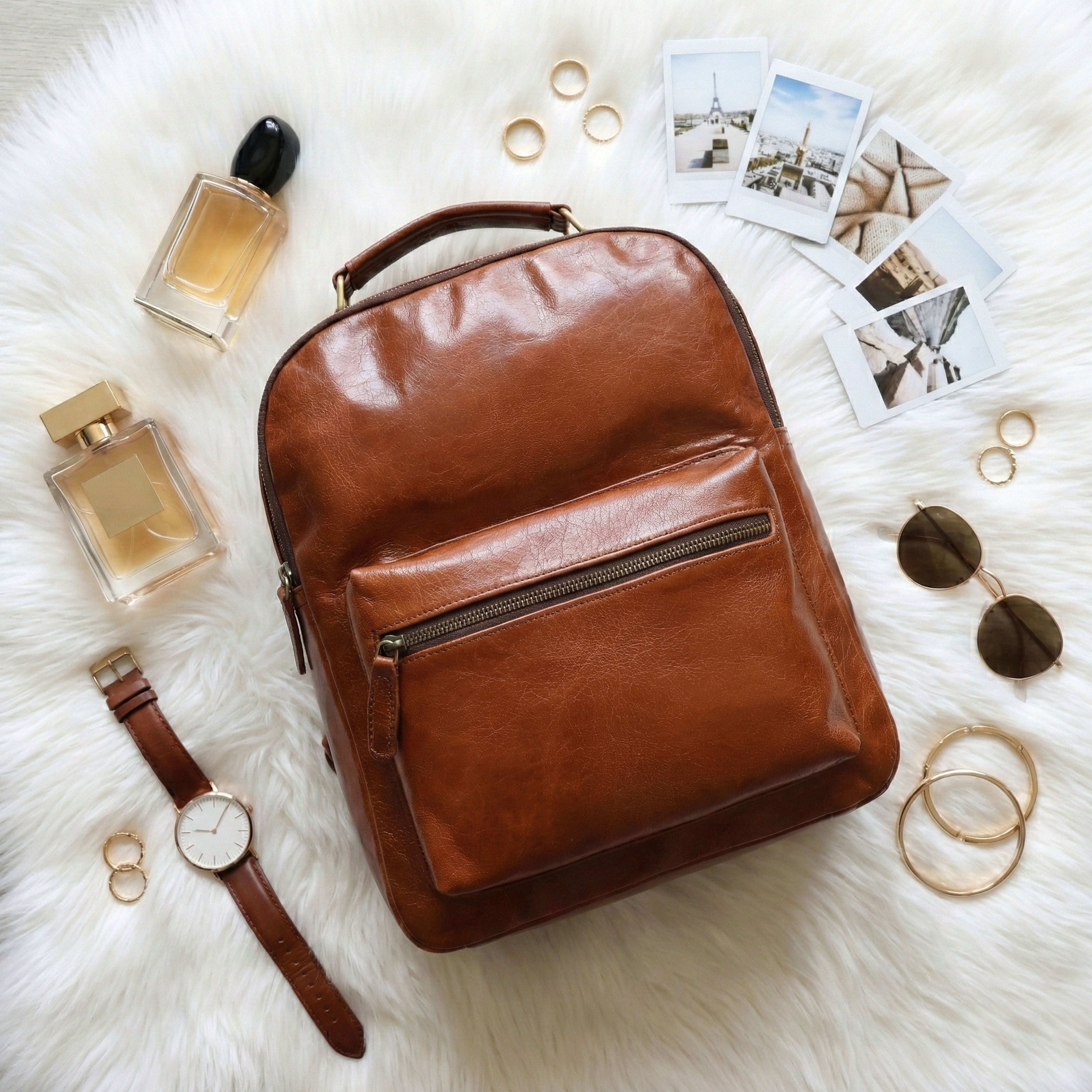 Elara Tan Leather Pocket Backpack