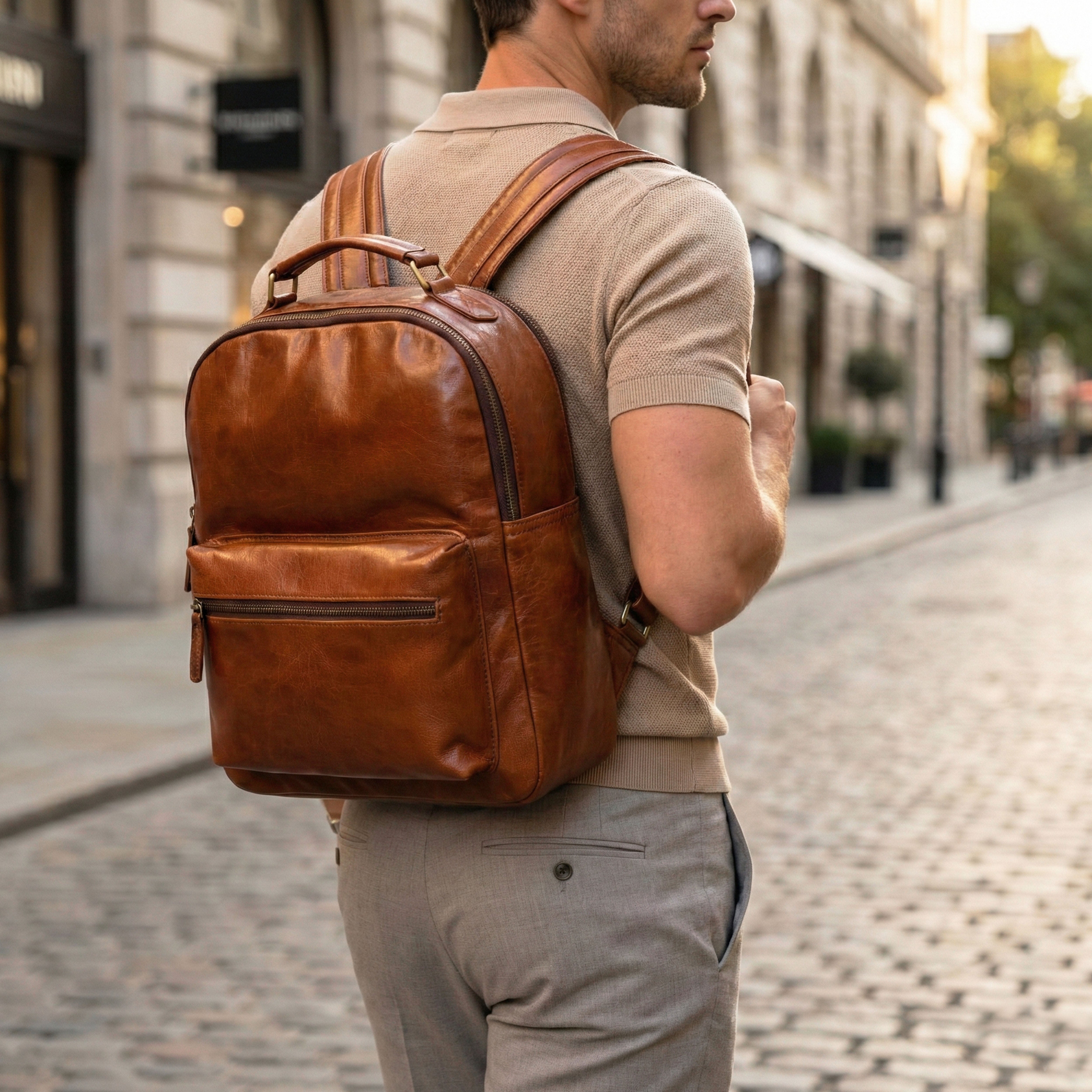 Elara Tan Leather Pocket Backpack