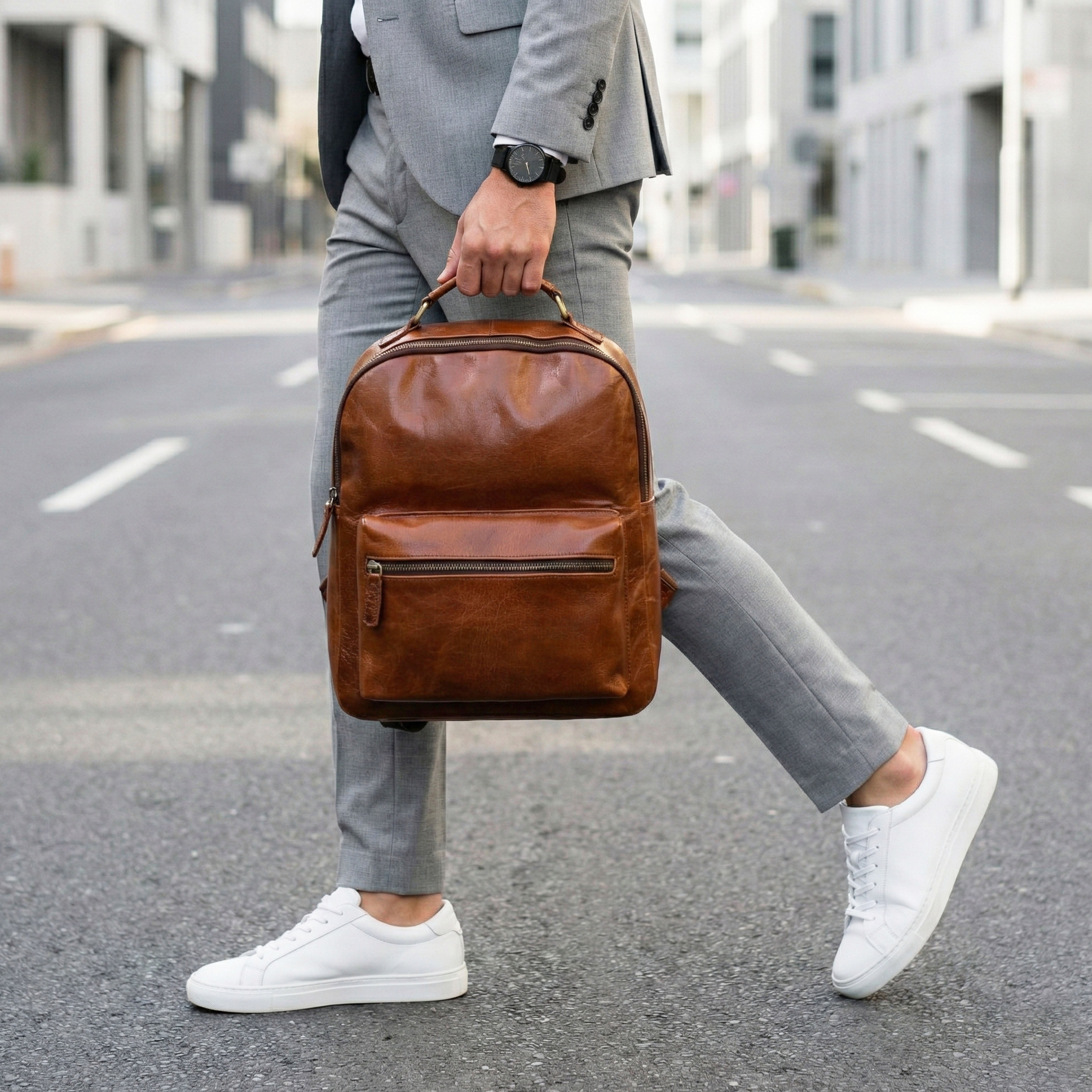 Elara Tan Leather Pocket Backpack