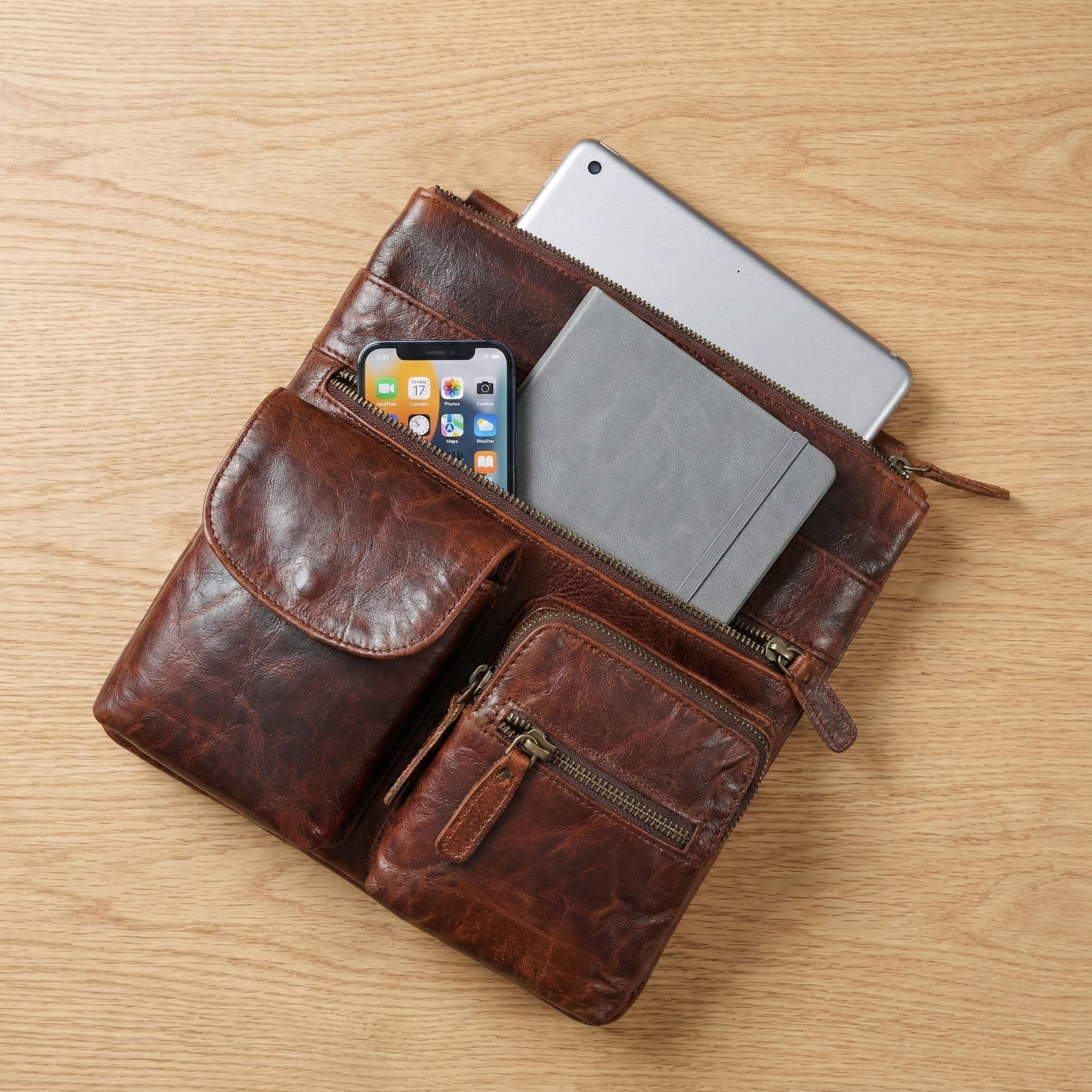 Marielle Brown Leather Crossbody Organiser Bag