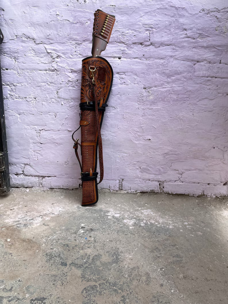 Vintage Brown Leather Rifle Scabbard with Adjustable Strap Handmade Shotgun Case Cover-33