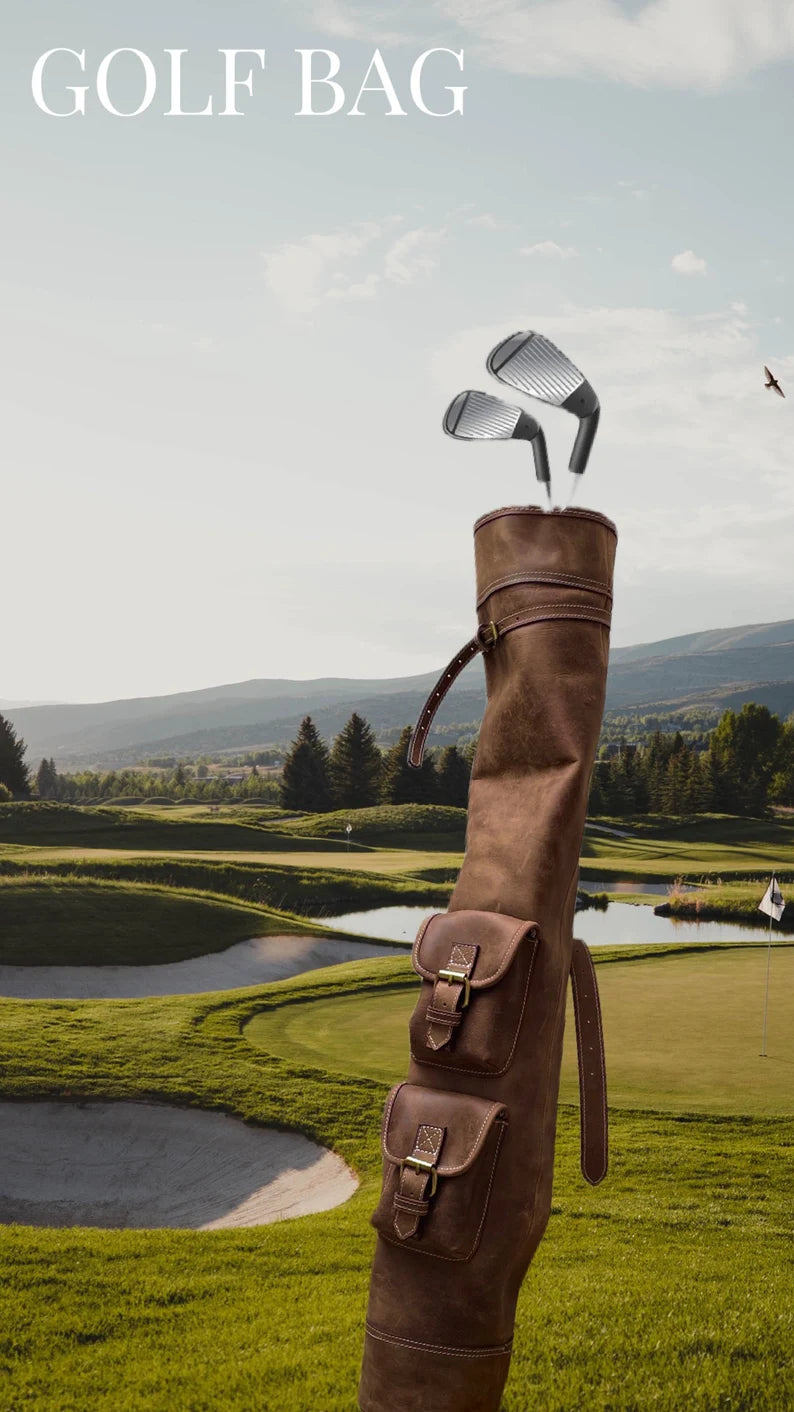 Handmade Vintage Leather Golf Bag with Multiple Pockets and Adjustable Strap | Ideal Gift for Enthusiasts