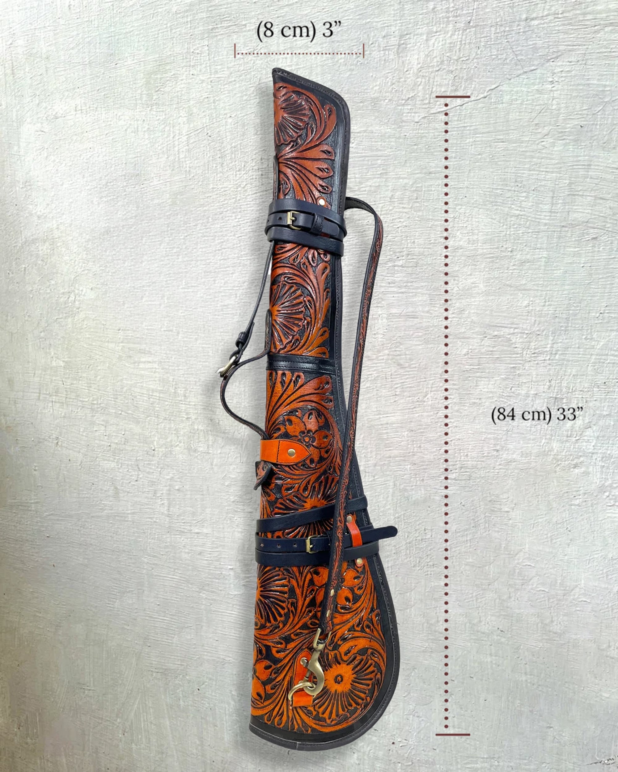 33 Leather Carry Cover | Western Tooled | Two-Tone Brown Cover with Adjustable Strap