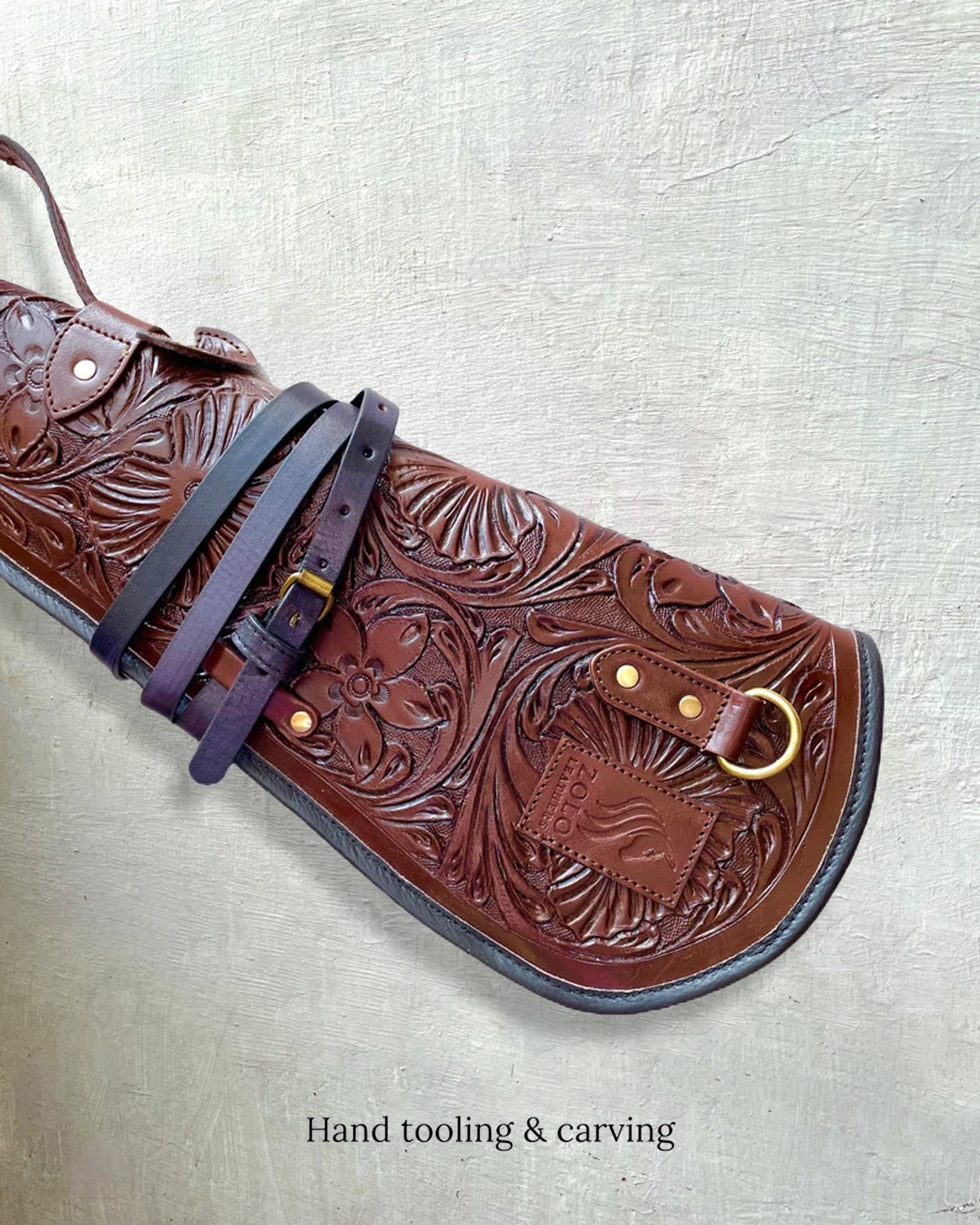 Vintage Brown Leather Engraved Protective Sleeve with Adjustable Strap