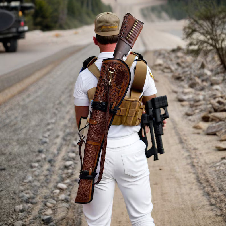 Vintage Brown Leather Rifle Scabbard with Adjustable Strap Handmade Shotgun Case Cover-33