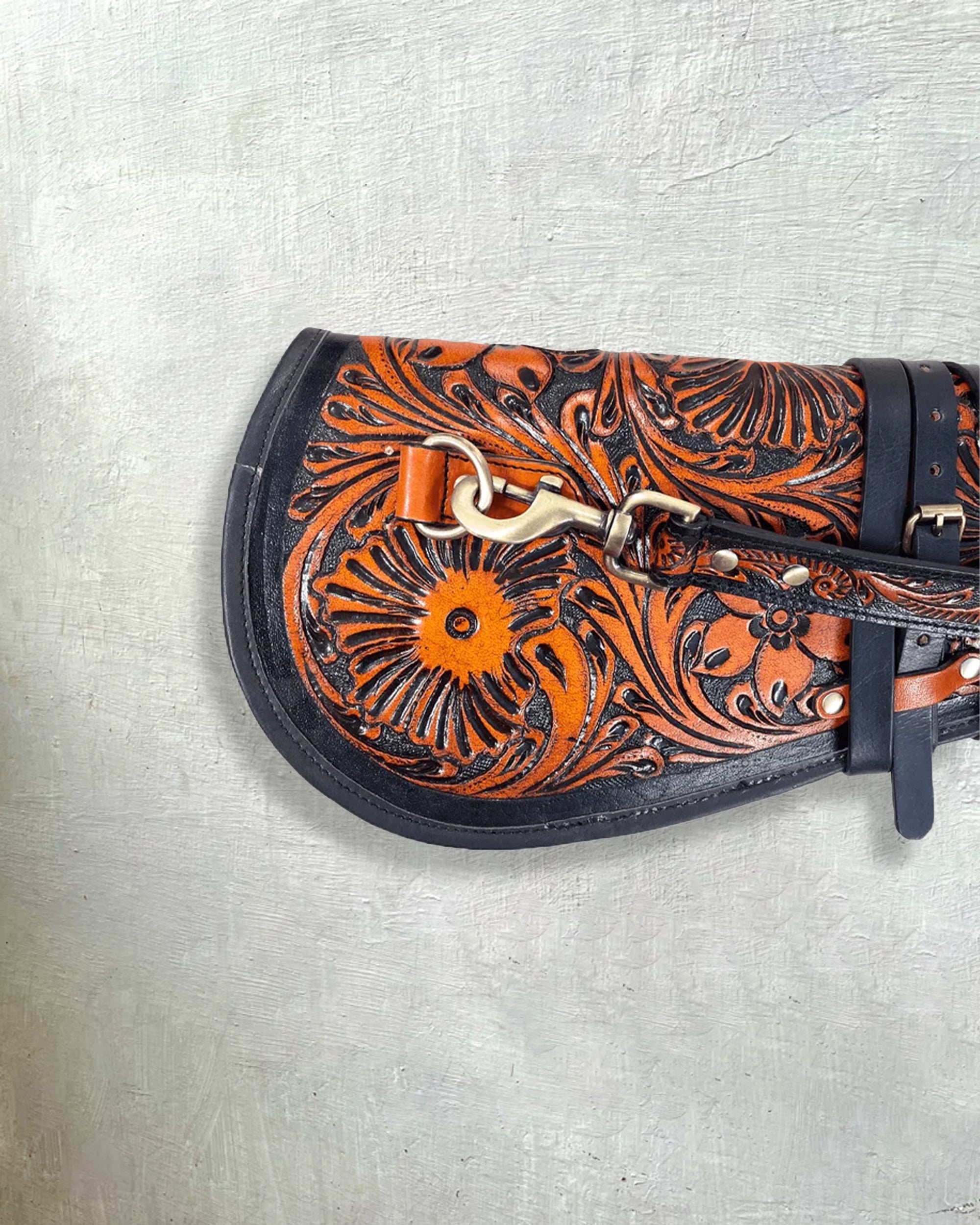 33 Leather Carry Cover | Western Tooled | Two-Tone Brown Cover with Adjustable Strap
