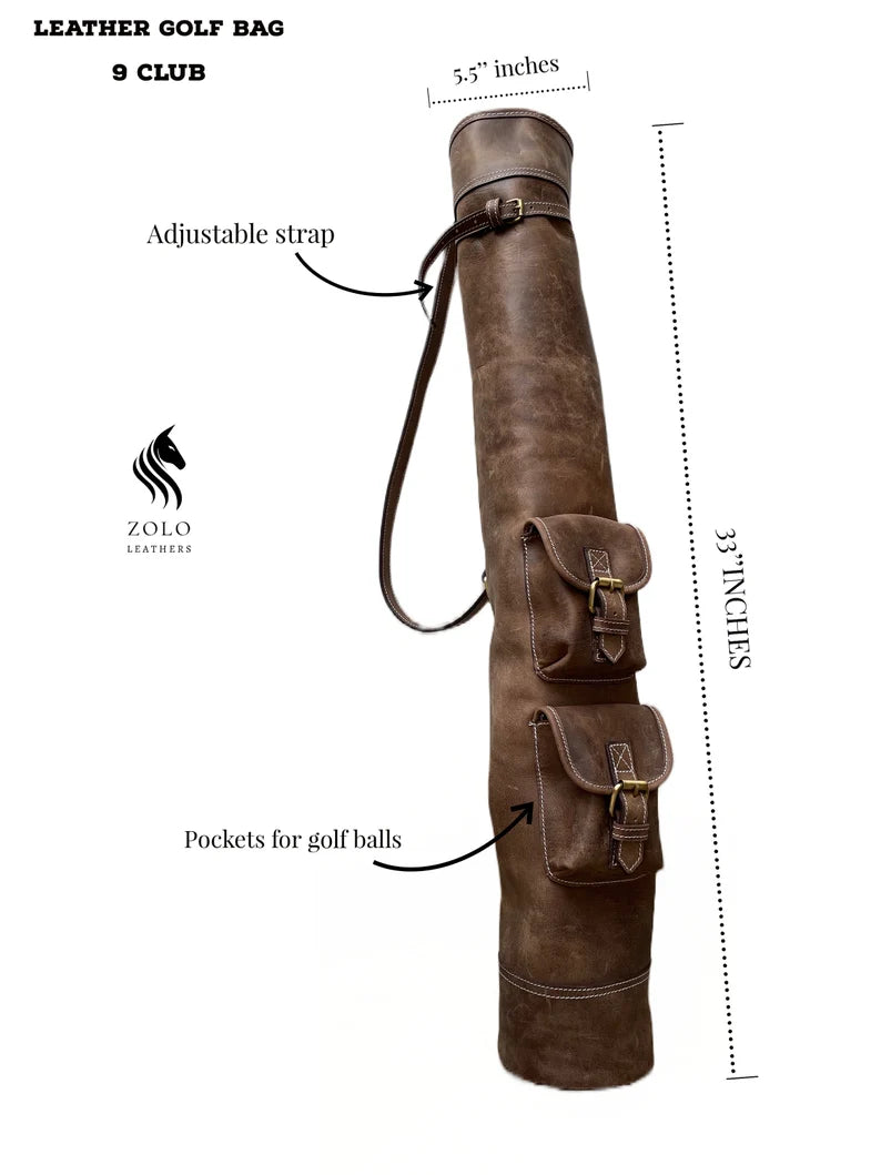 Handmade Vintage Leather Golf Bag with Multiple Pockets and Adjustable Strap | Ideal Gift for Enthusiasts