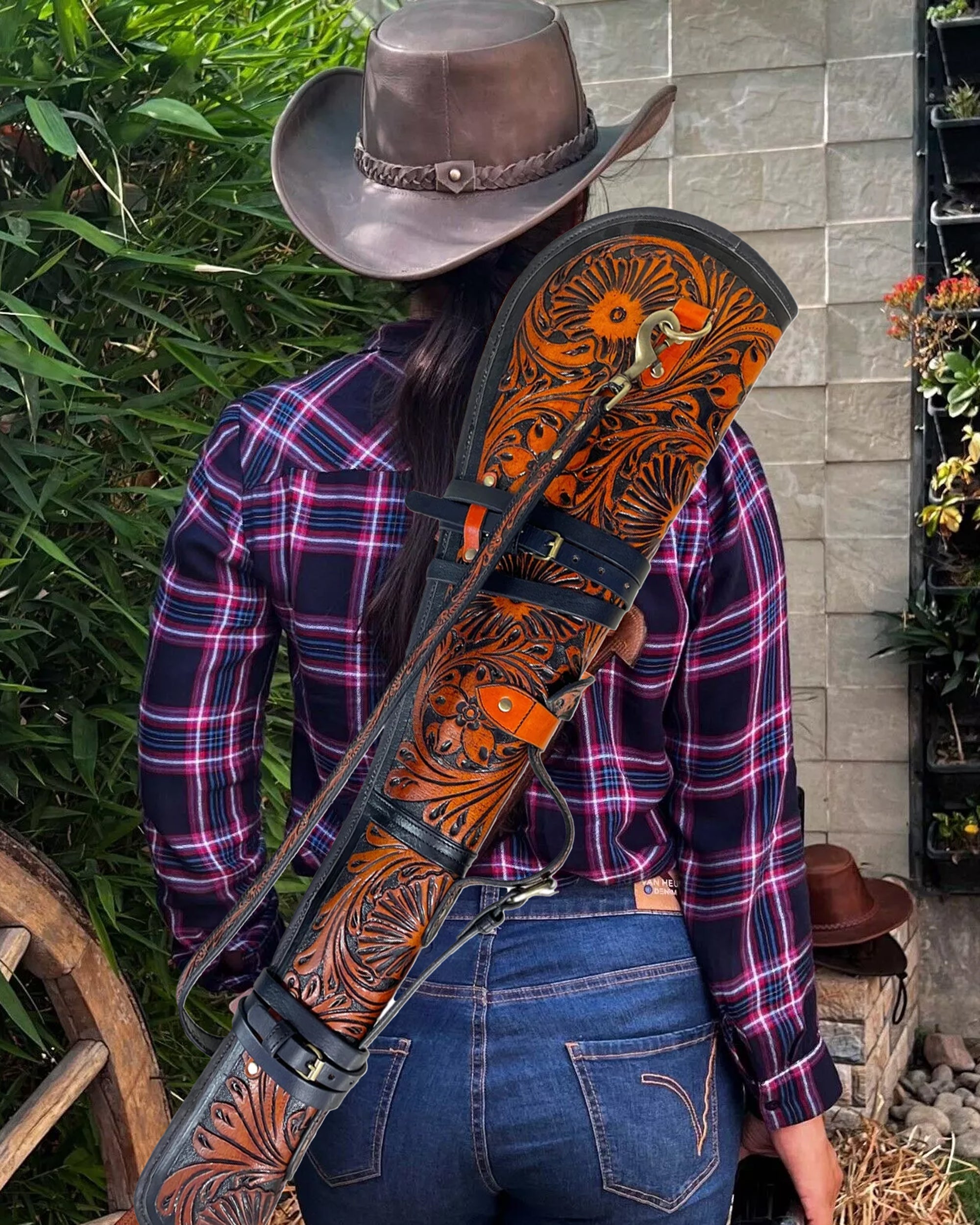 33 Leather Carry Cover | Western Tooled | Two-Tone Brown Cover with Adjustable Strap