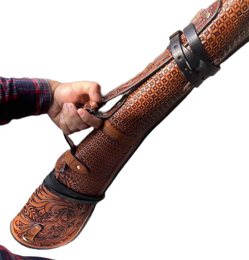 Vintage Brown Leather Rifle Scabbard with Adjustable Strap Handmade Shotgun Case Cover-33